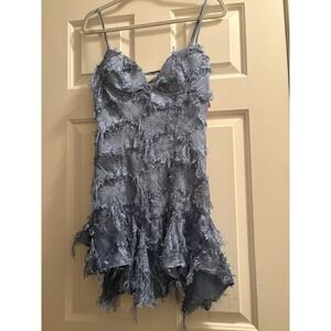 NWT Pretty Little Thing Steel Blue Eyelash V Neck Frill Hem Mini Dress US 4